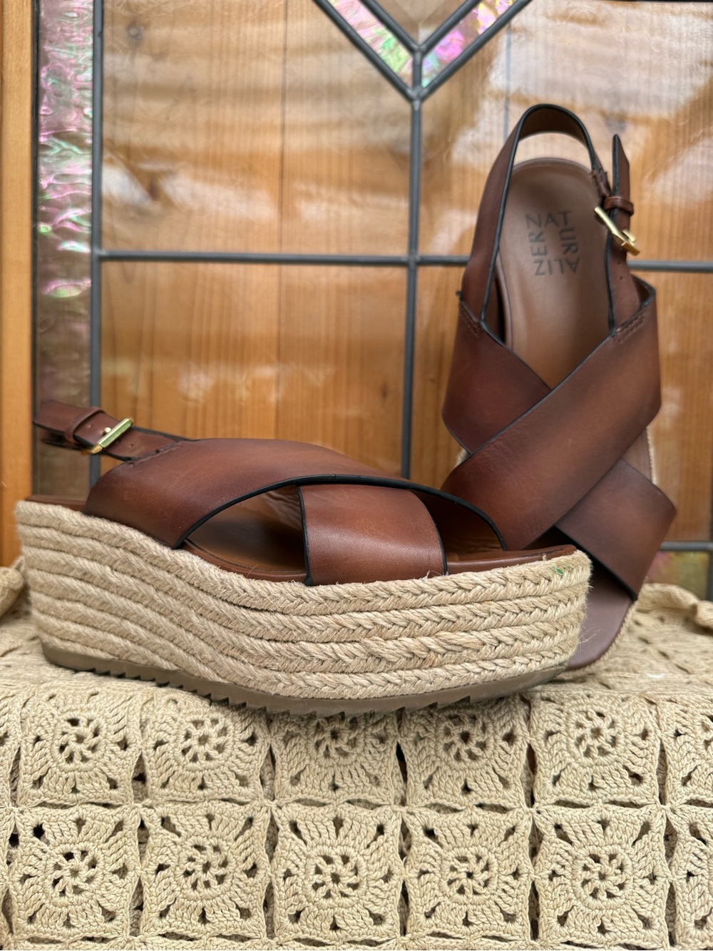 Naturalizer Tan Brown Leather Crossband Espadrille Wedges